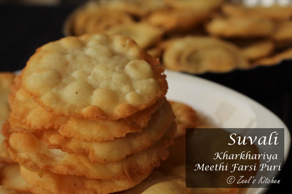Suvali | Suvari | Meethi Farsi Puri | Kharkhariya recipe | Sweet and Flaky Puri | Diwali Special Traditional Gujarati Snack Suvari is sweet crispy deep-fried Indian crisps. It is a Diwali special traditional recipe made in Gujarati households. Suvari is also known as Suvali, Suwadi, Kharkhariya, Kharkharia, Crispy Sweet Puri. It is pinkish-brown in color, mildly sweet, crispy, and crunchy in taste. Made using all-purpose plain flour or maida, Clarified butter or ghee, milk, sugar, and cardamom powder. Knead a semi-soft dough, roll small puris and deep fry them on slow flame until pinkish brown color. Note: Always fry on medium-low flame. If you fry on high flame, then they will start to burn from outside, and they will be uncooked from inside. Variations: I have seen some people add sesame seeds to it, which gives a unique taste, but it is optional. If you like Suvali without any flavors, then skip adding cardamom powder. Suvari is a Diwali special recipe. You can serve it to guests coming at home during festive times. I share it with neighbors, friends, and family. Suvari is a forgotten recipe, but I love this recipe and always make it during holiday seasons. I always prefer homemade snacks because I choose the high quality of ingredients, no preservatives, no food color, and good quality of the oil. These homemade snacks, therefore, are healthy and hygienic too. I usually make Suvari recipe during festivals like Diwali, and when it cools down completely, store it in an airtight container. It stays fresh for up to 2-3 weeks. It contains maida, sugar and is deep-fried and therefore it is made only on special occasions and festivals. Serving: You can enjoy Suvali during the morning or evening as a snack with your favorite cup of tea or coffee. Suvari is a kid-friendly recipe, and you can also give it in their school tiffin box. Storage: Store Suvari in an airtight container at room temperature for up to 2-3 weeks Please try making this lip-smacking Suvari recipe and let me know how it turned out. If you like this traditional Gujarati Suvali recipe, then do not forget to share it with your friends and family. Make sure you follow me on Instagram, Facebook, Youtube, and Pinterest to catch my latest recipes and new updates.